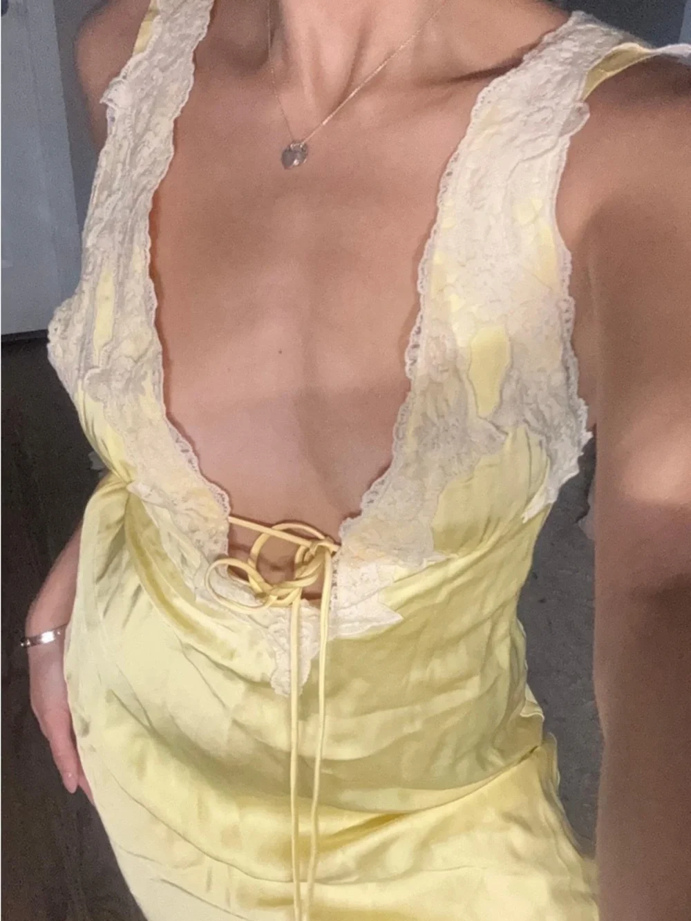Rumored Yellow Satin Lace-Trim Slip Dress - Picture 6 of 11